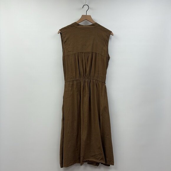 Vince Linen Blend Shirred Sleeveless A-Line Midi Dress Minimalist Brown Medium - Picture 5 of 9